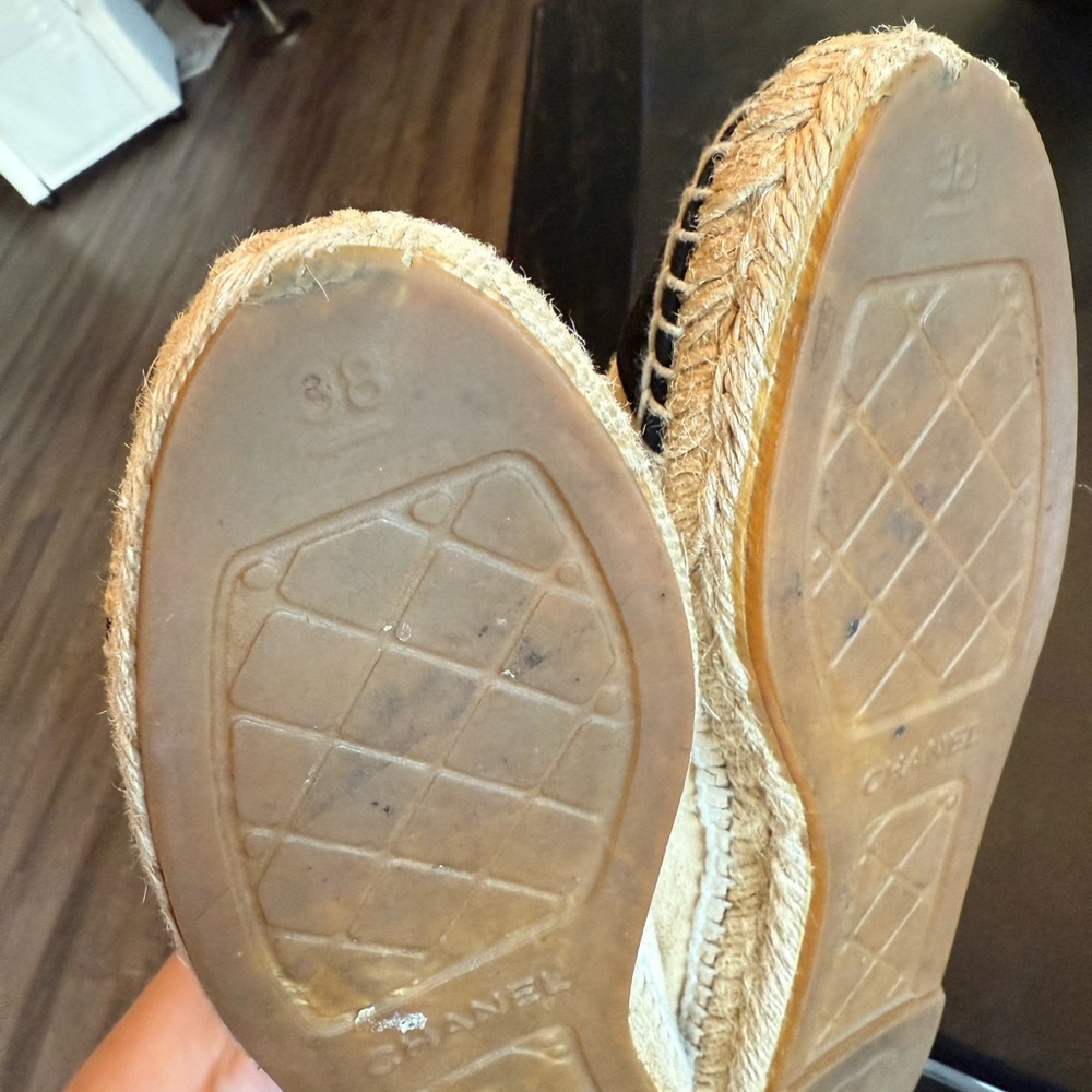 Chanel Beige and Black Espadrilles w/ Pearl Accents - Picture 7 of 9